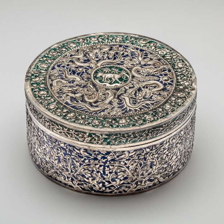 Straits Chinese Silver Enamel Container with Khmer inscription